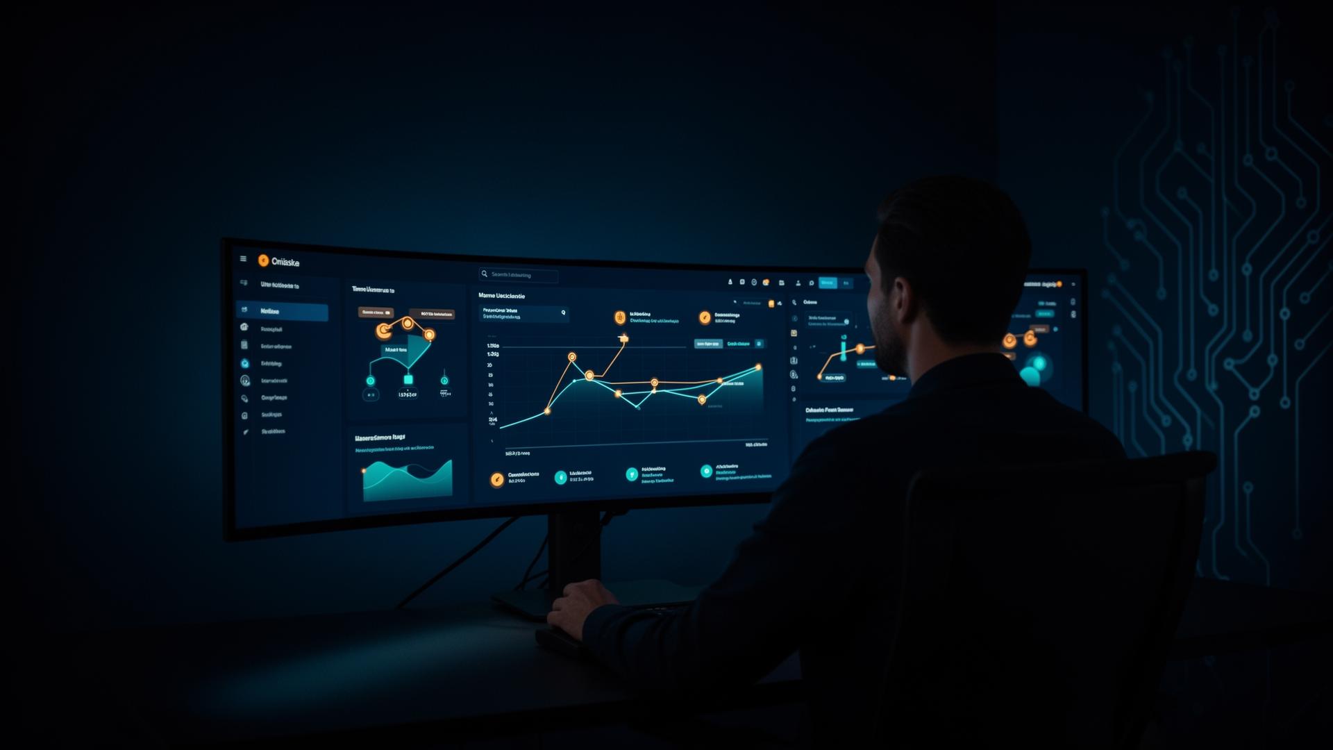 Claims operations specialist reviewing a dark dashboard
